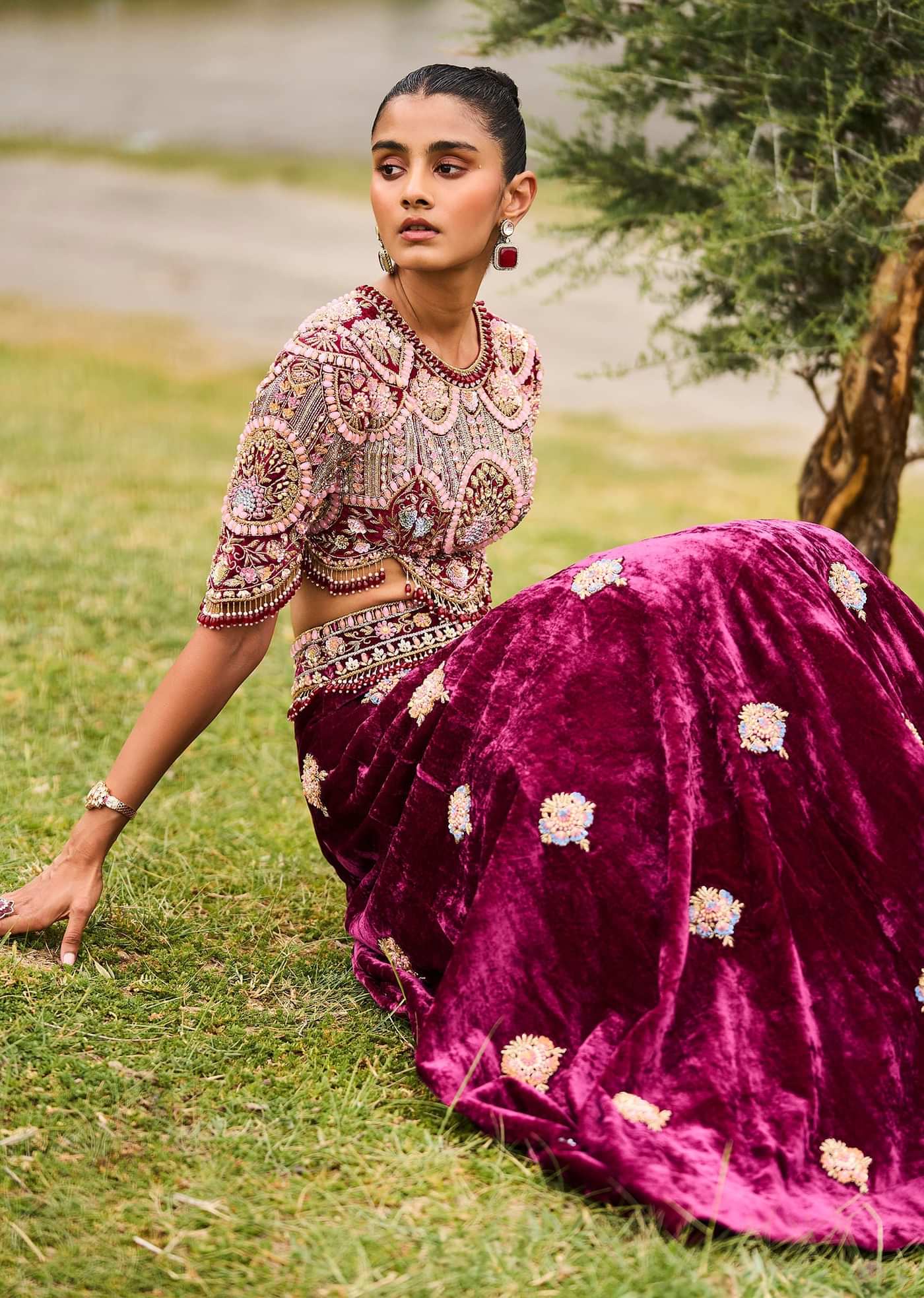 Maroon Embroidered Velvet Lehenga And Blouse With Dupatta