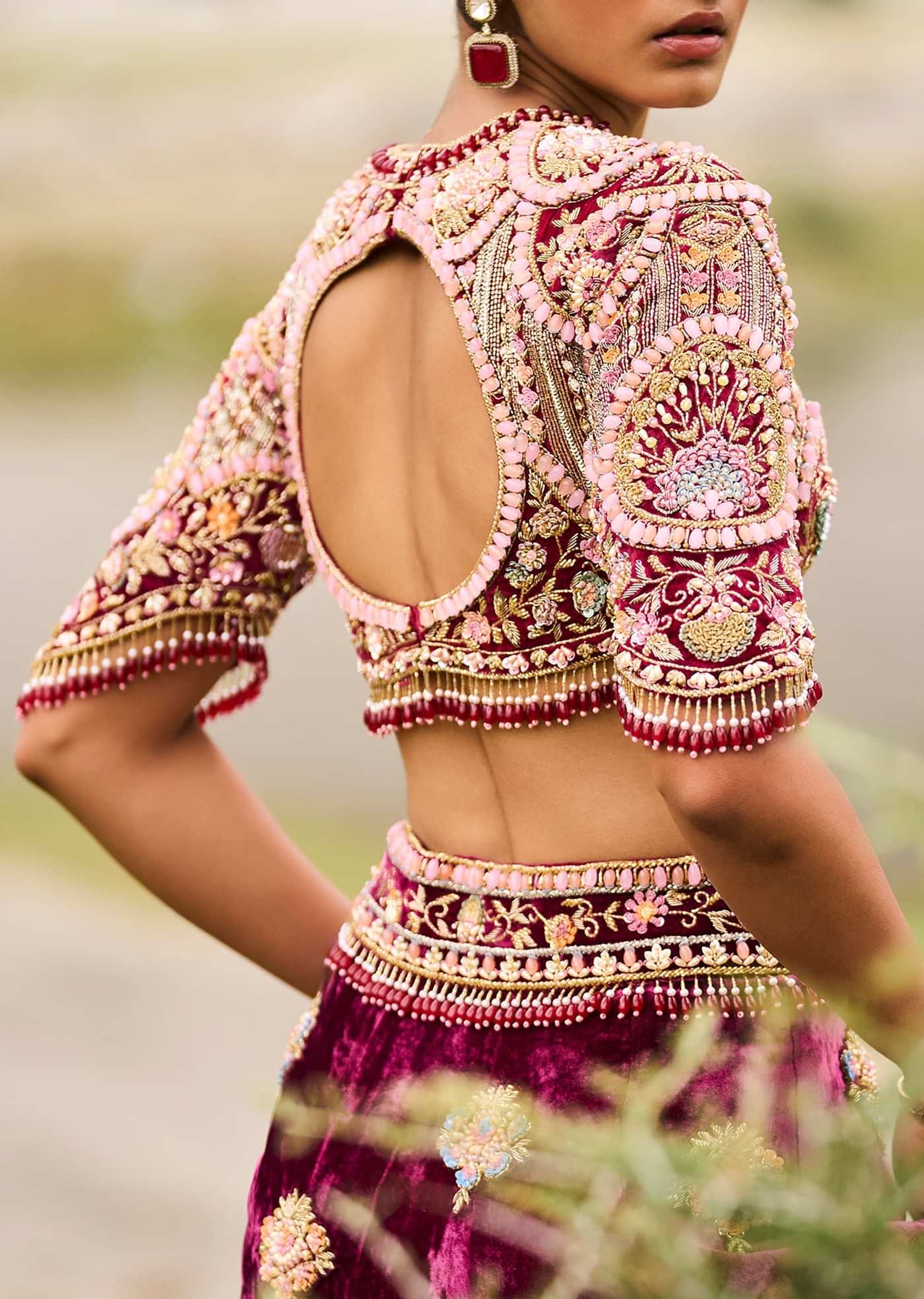 Maroon Embroidered Velvet Lehenga And Blouse With Dupatta