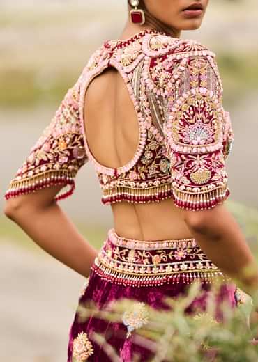 Maroon Embroidered Velvet Lehenga And Blouse With Dupatta