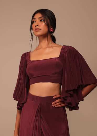 Maroon Indo-western Creep Saree Set With Embroidered Belt