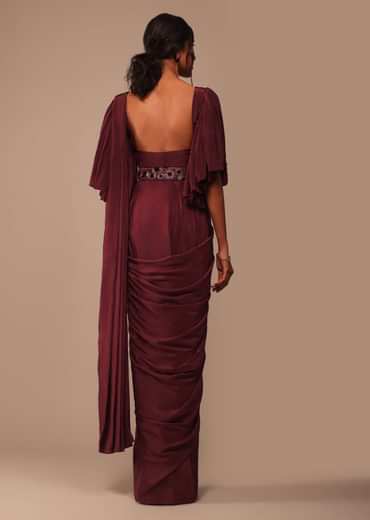 Maroon Indo-western Creep Saree Set With Embroidered Belt