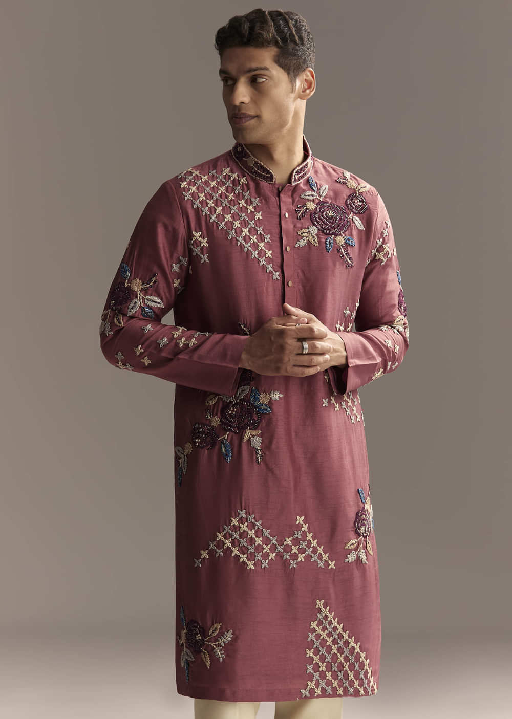 Maroon Kurta Set For Men With Floral Resham Embroidery