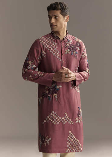 Maroon Kurta Set For Men With Floral Resham Embroidery