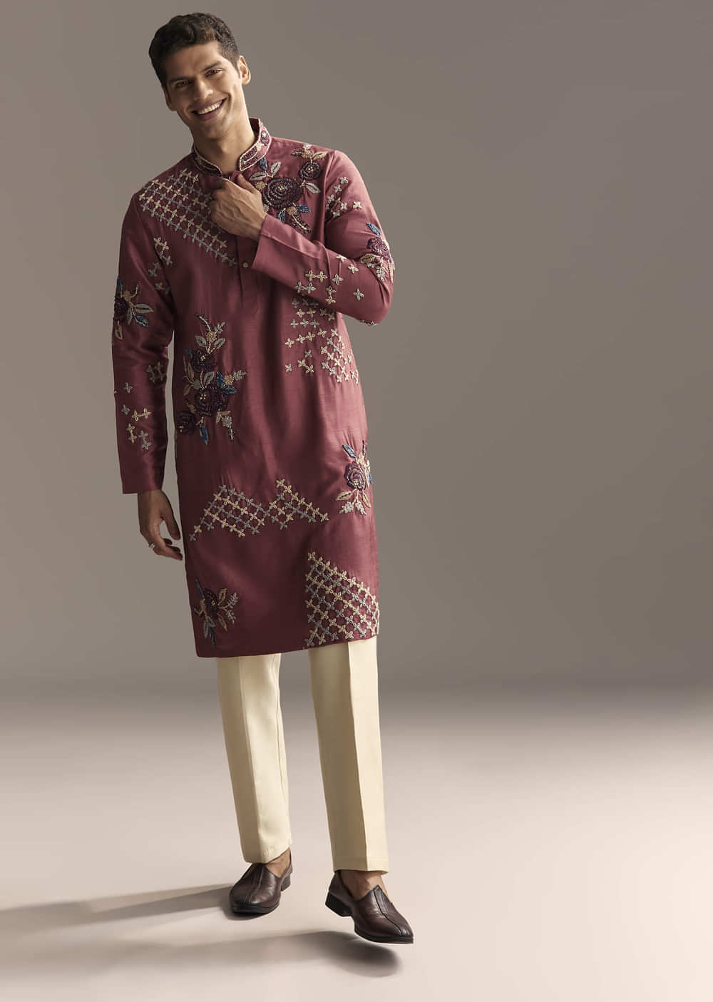 Maroon Kurta Set For Men With Floral Resham Embroidery