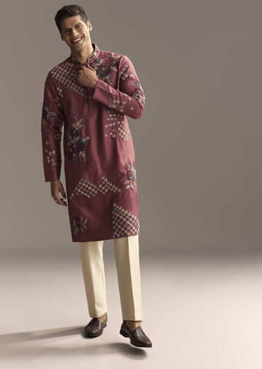 Maroon Kurta Set For Men With Floral Resham Embroidery