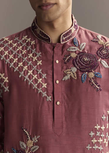 Maroon Kurta Set For Men With Floral Resham Embroidery