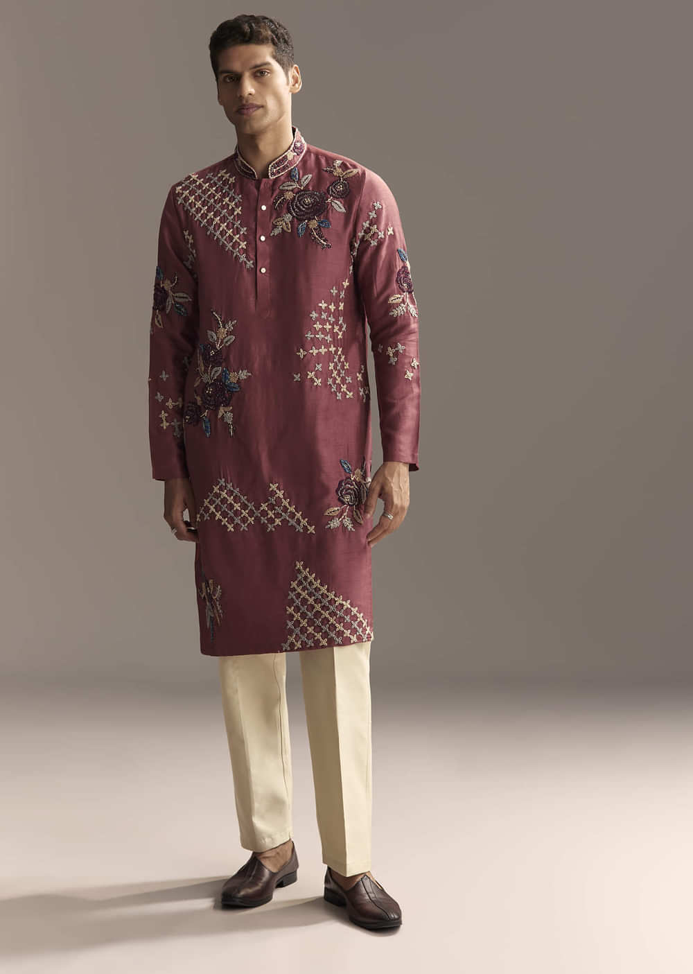 Maroon Kurta Set For Men With Floral Resham Embroidery