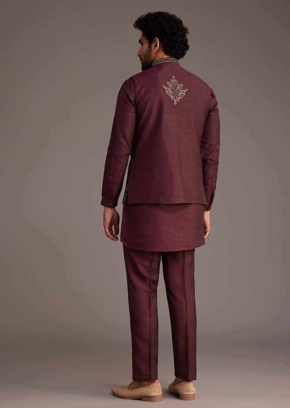 Maroon Kurta Set With Embroidered Jacket