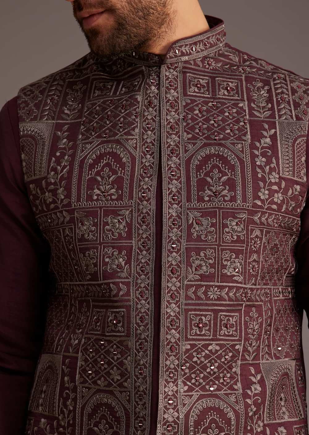 Maroon Kurta Set With Embroidered Jacket