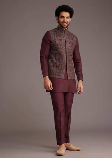 Maroon Kurta Set With Embroidered Jacket