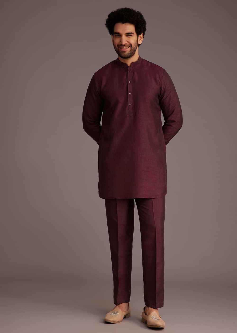 Maroon Kurta Set With Embroidered Jacket