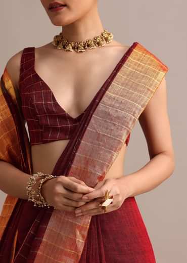 Maroon Linen Woven Saree With Zari Border And Unstitched Blouse