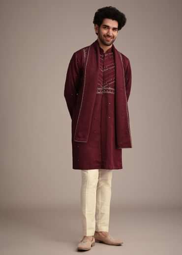Maroon Mirror Embroidered Kurta Set With Dupatta