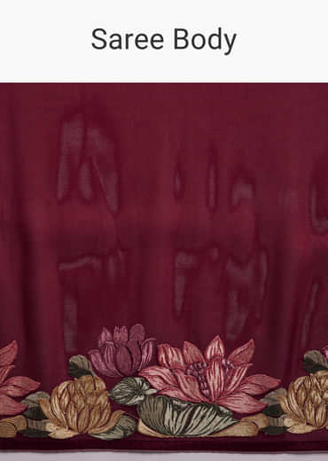 Maroon Organza Silk Saree With Floral Embroidery And Cutwork