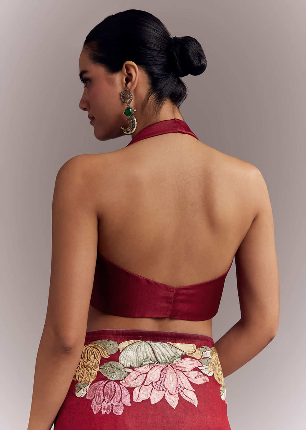 Maroon Organza Silk Saree With Floral Embroidery And Cutwork