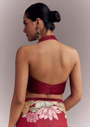 Maroon Organza Silk Saree With Floral Embroidery And Cutwork