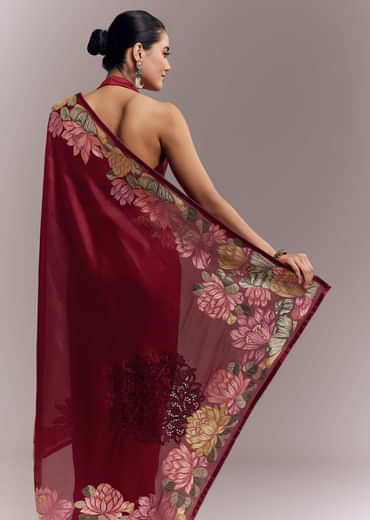Maroon Organza Silk Saree With Floral Embroidery And Cutwork