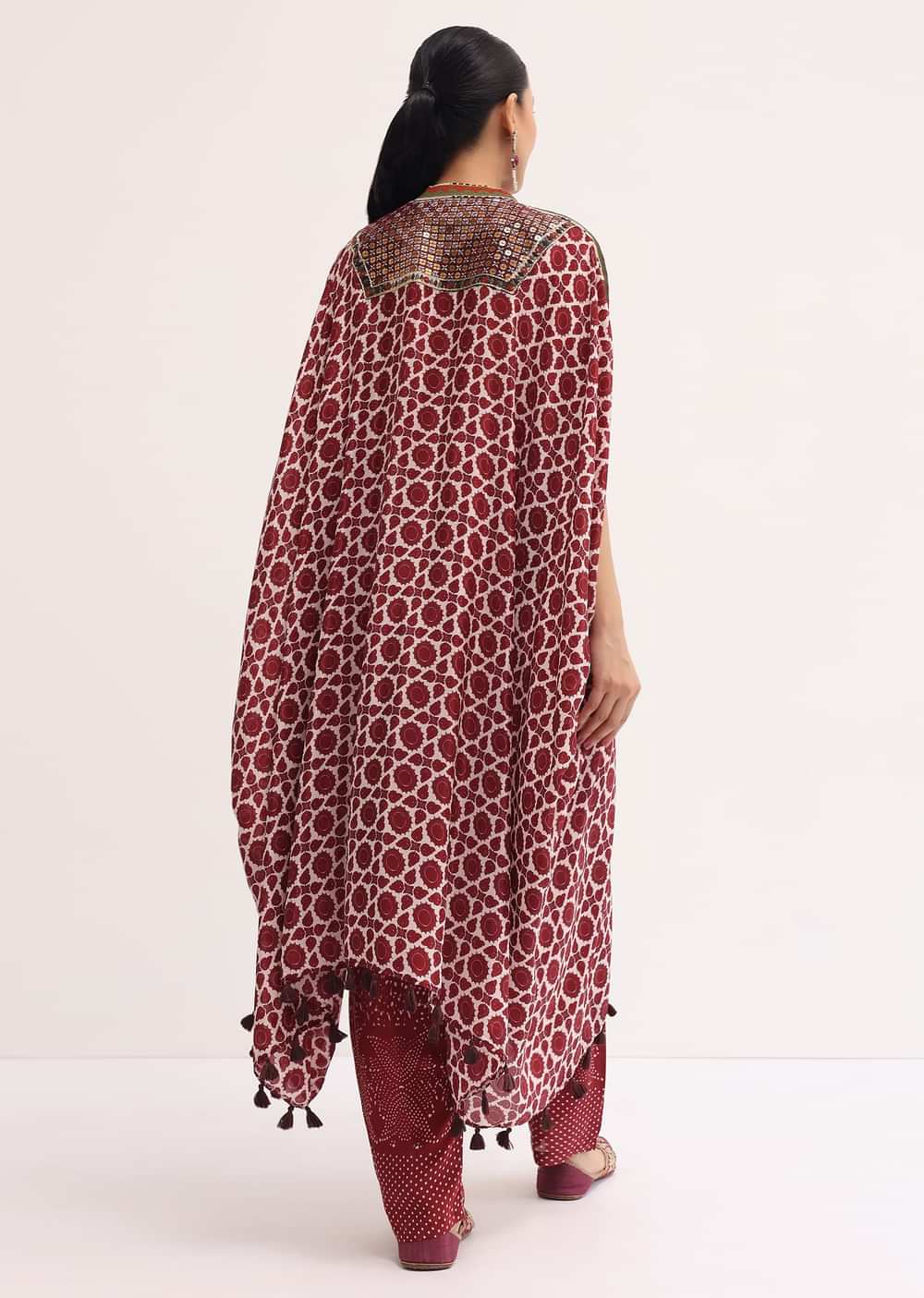 Maroon Printed Crepe Kaftan Kurta Set