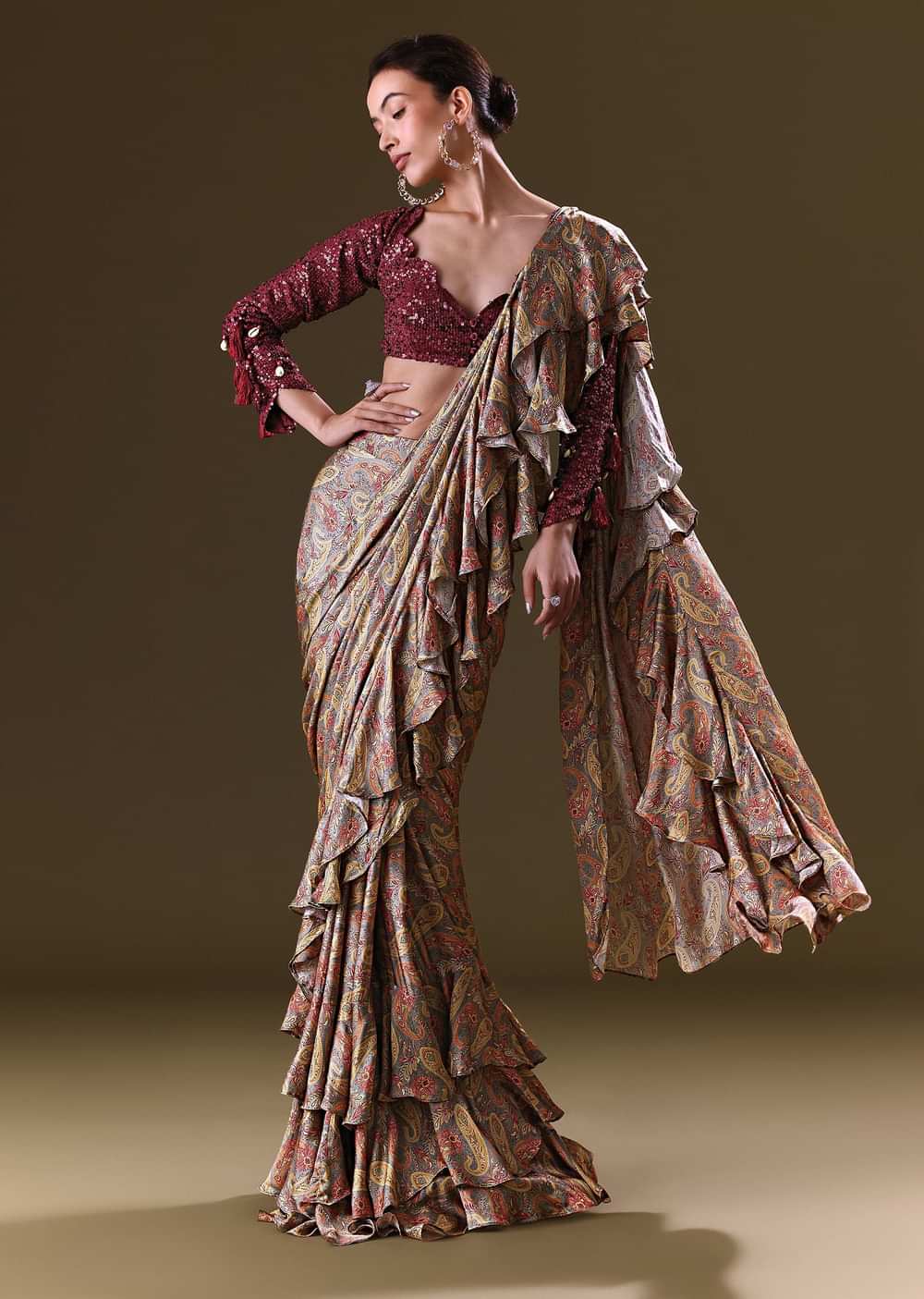 Maroon Printed Pre Stitched Frill Saree With Sequence Blouse