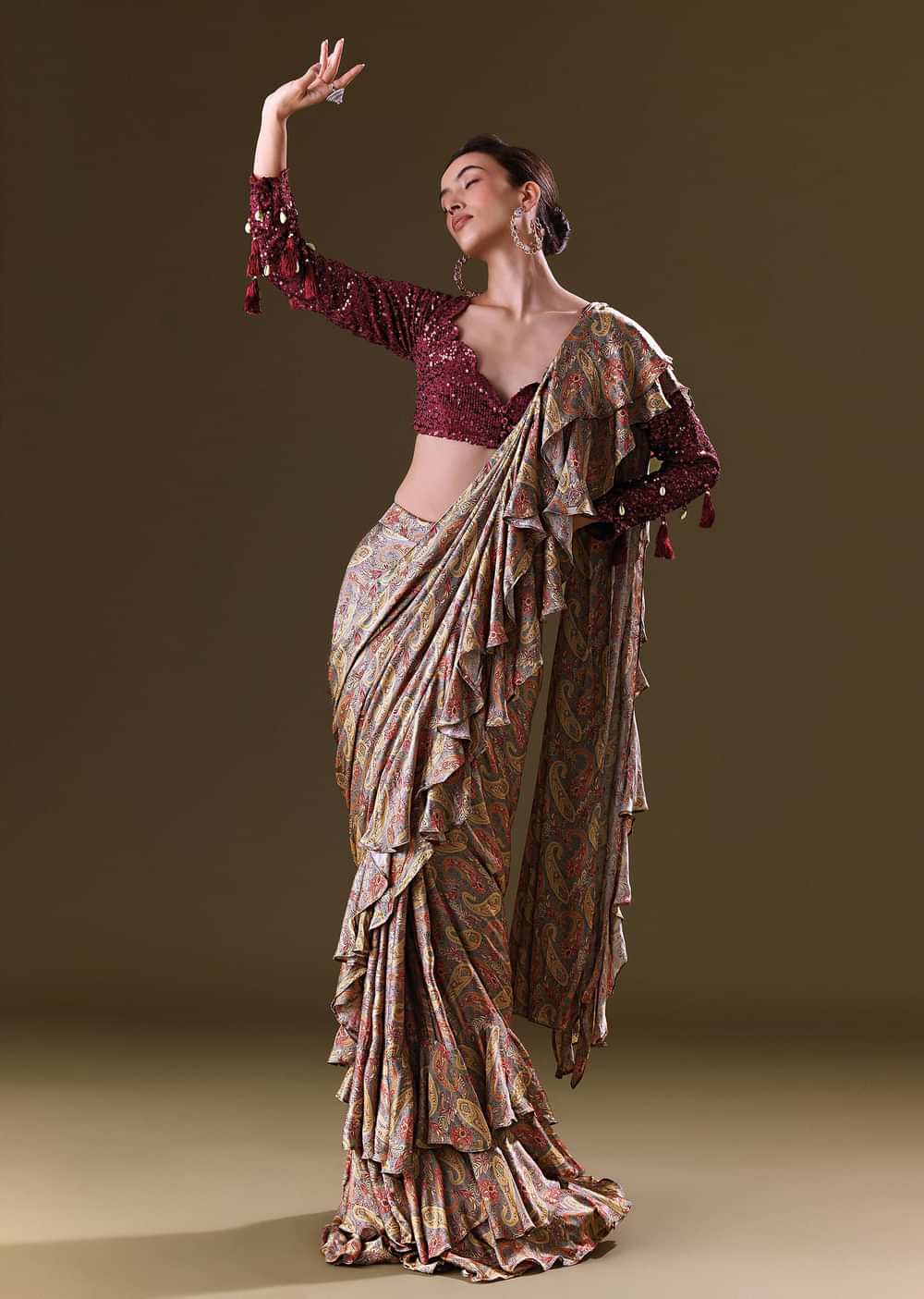 Maroon Printed Pre Stitched Frill Saree With Sequence Blouse