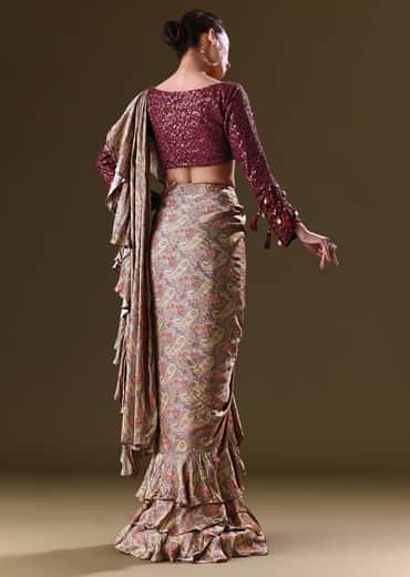 Maroon Printed Pre Stitched Frill Saree With Sequence Blouse