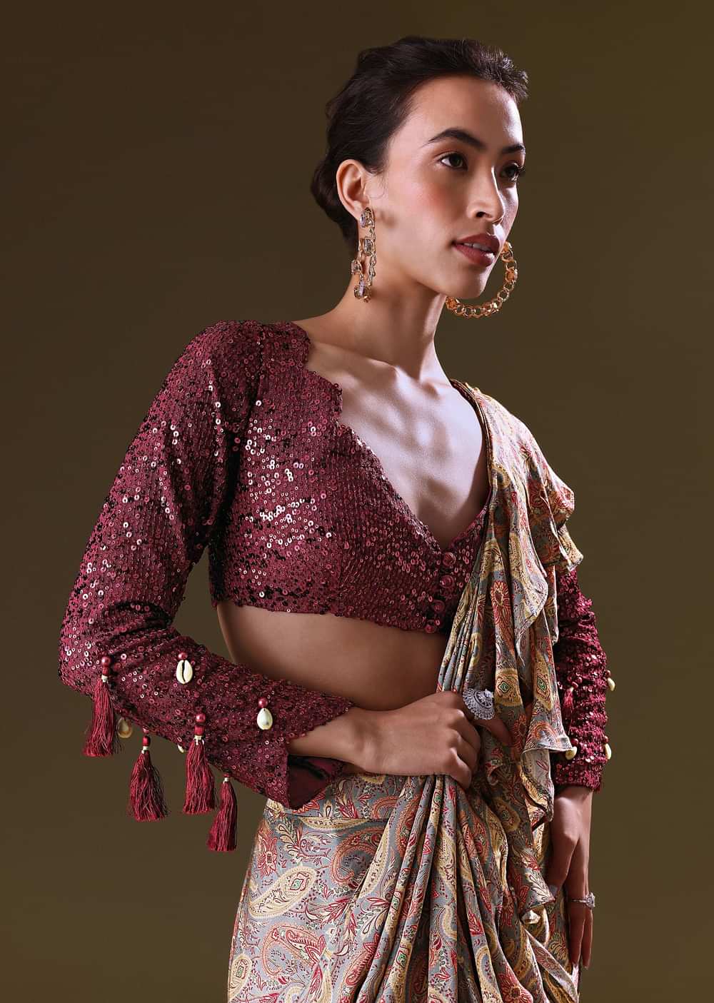 Maroon Printed Pre Stitched Frill Saree With Sequence Blouse