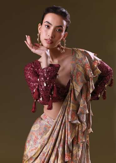 Maroon Printed Pre Stitched Frill Saree With Sequence Blouse