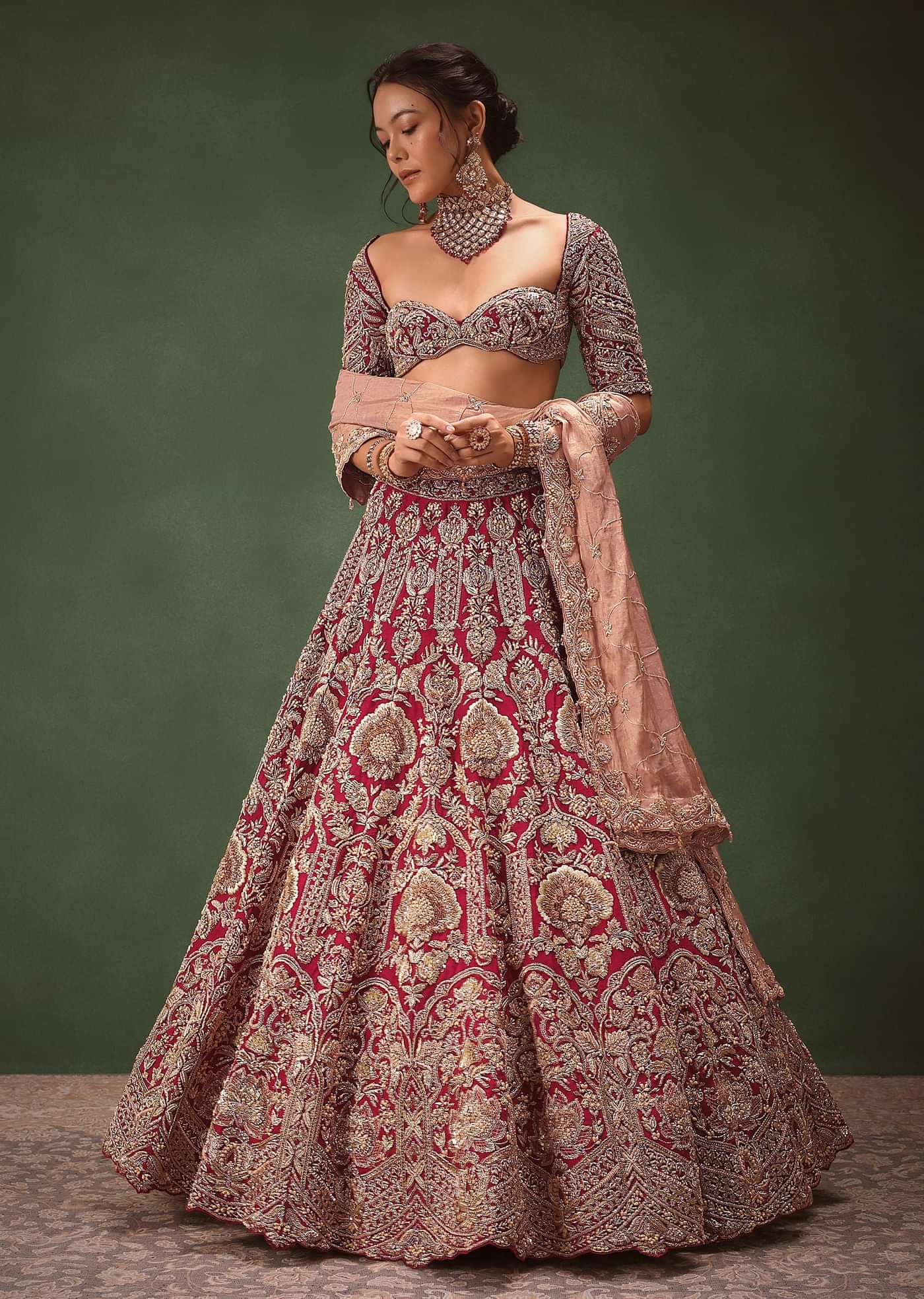 Maroon Raw Silk Hand Embroidered Bridal Lehenga With Two Dupattas