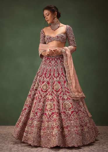 Maroon Raw Silk Hand Embroidered Bridal Lehenga With Two Dupattas