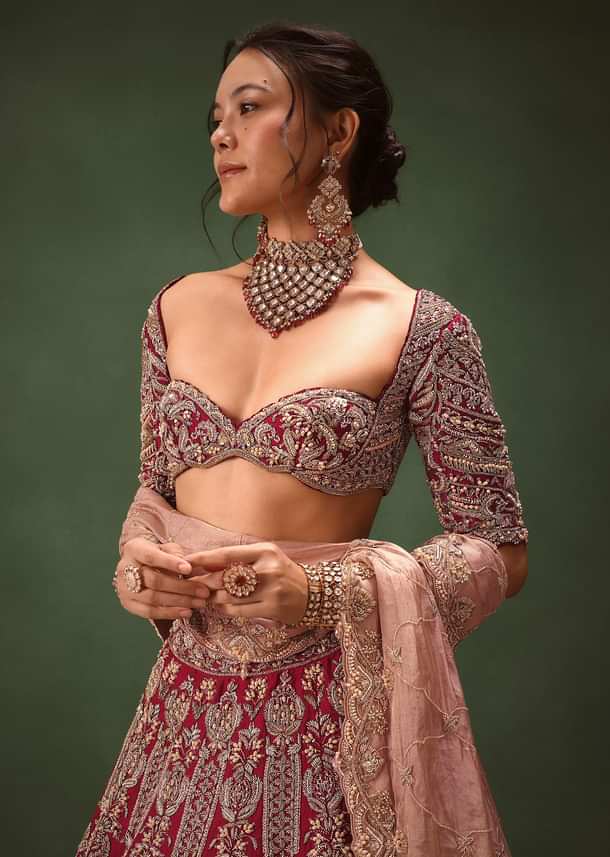 Maroon Raw Silk Hand Embroidered Bridal Lehenga With Two Dupattas