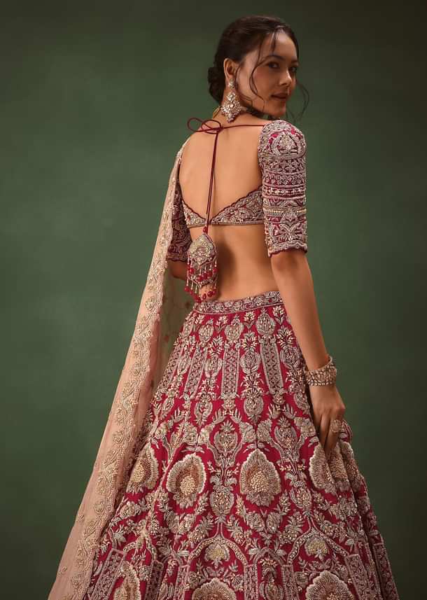 Maroon Raw Silk Hand Embroidered Bridal Lehenga With Two Dupattas