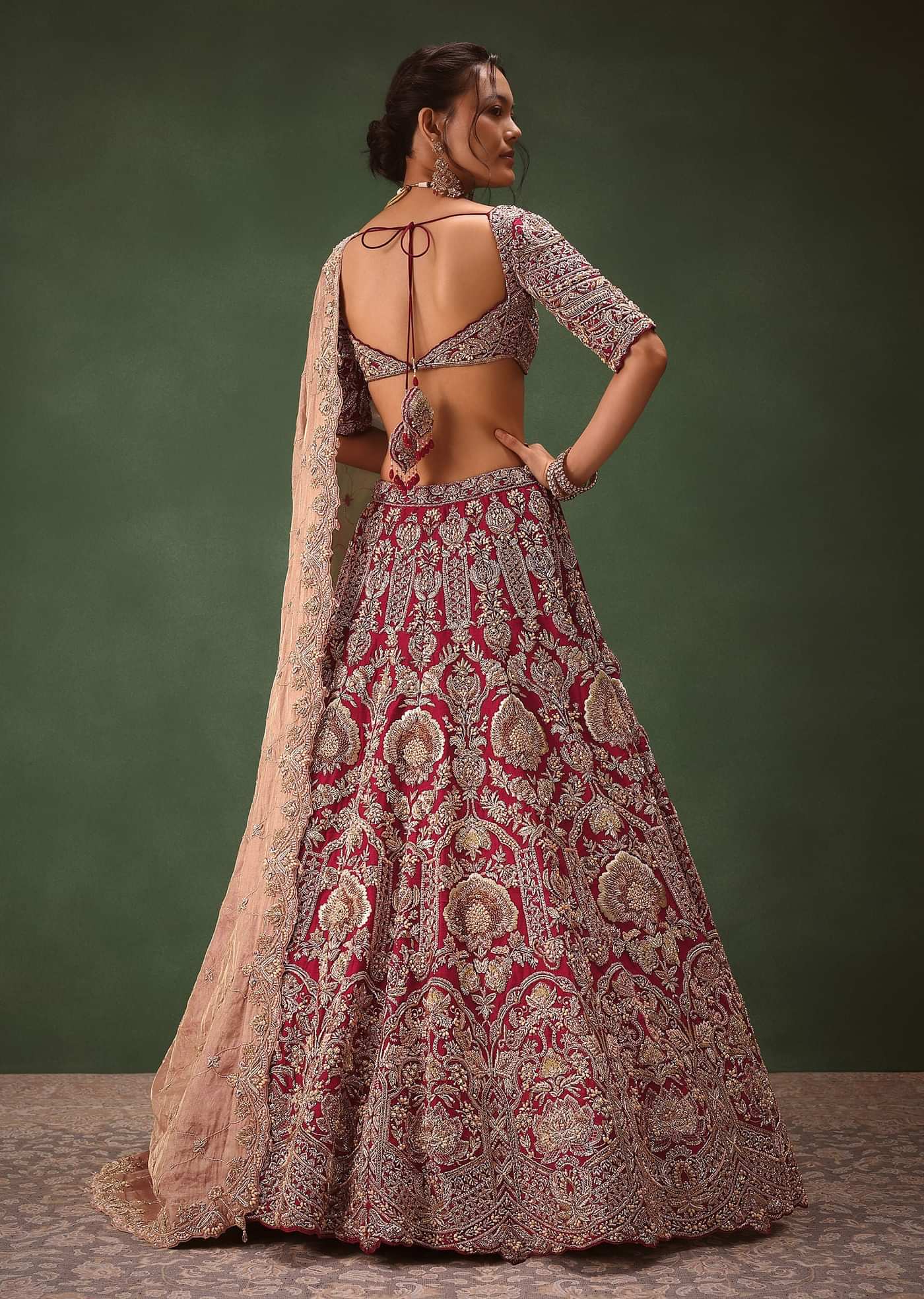 Maroon Raw Silk Hand Embroidered Bridal Lehenga With Two Dupattas