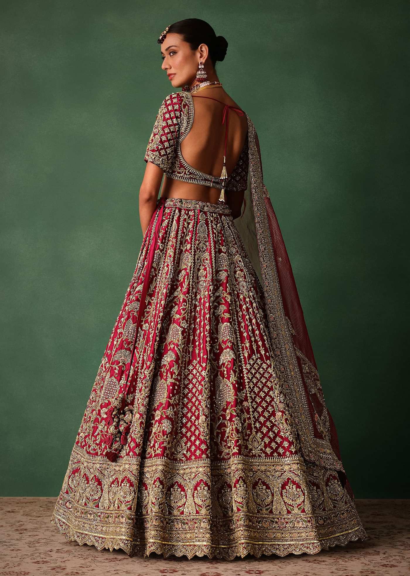 Maroon Raw Silk Hand Embroidered Lehenga Set With Tissue Dupatta