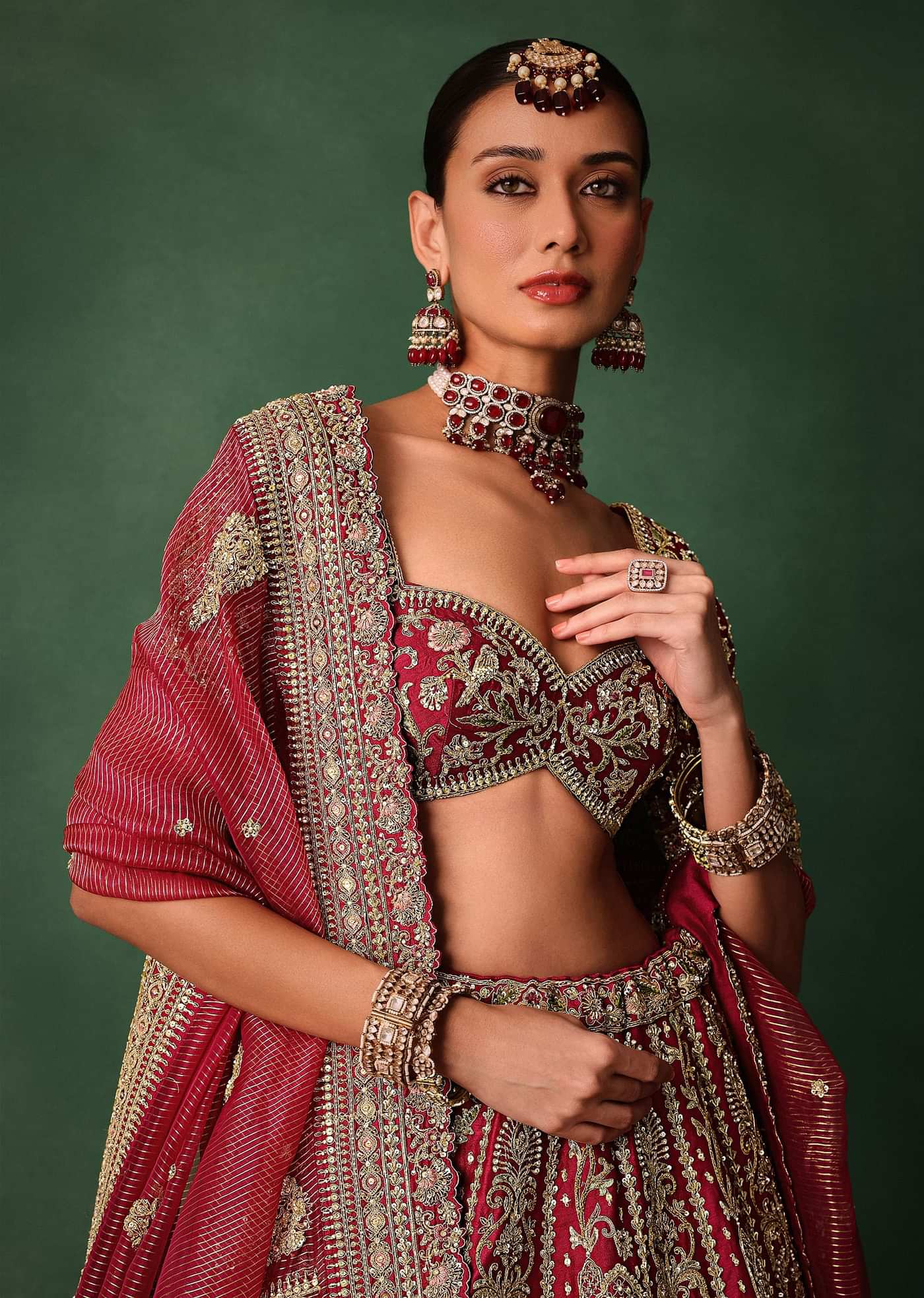 Maroon Raw Silk Hand Embroidered Lehenga Set With Tissue Dupatta