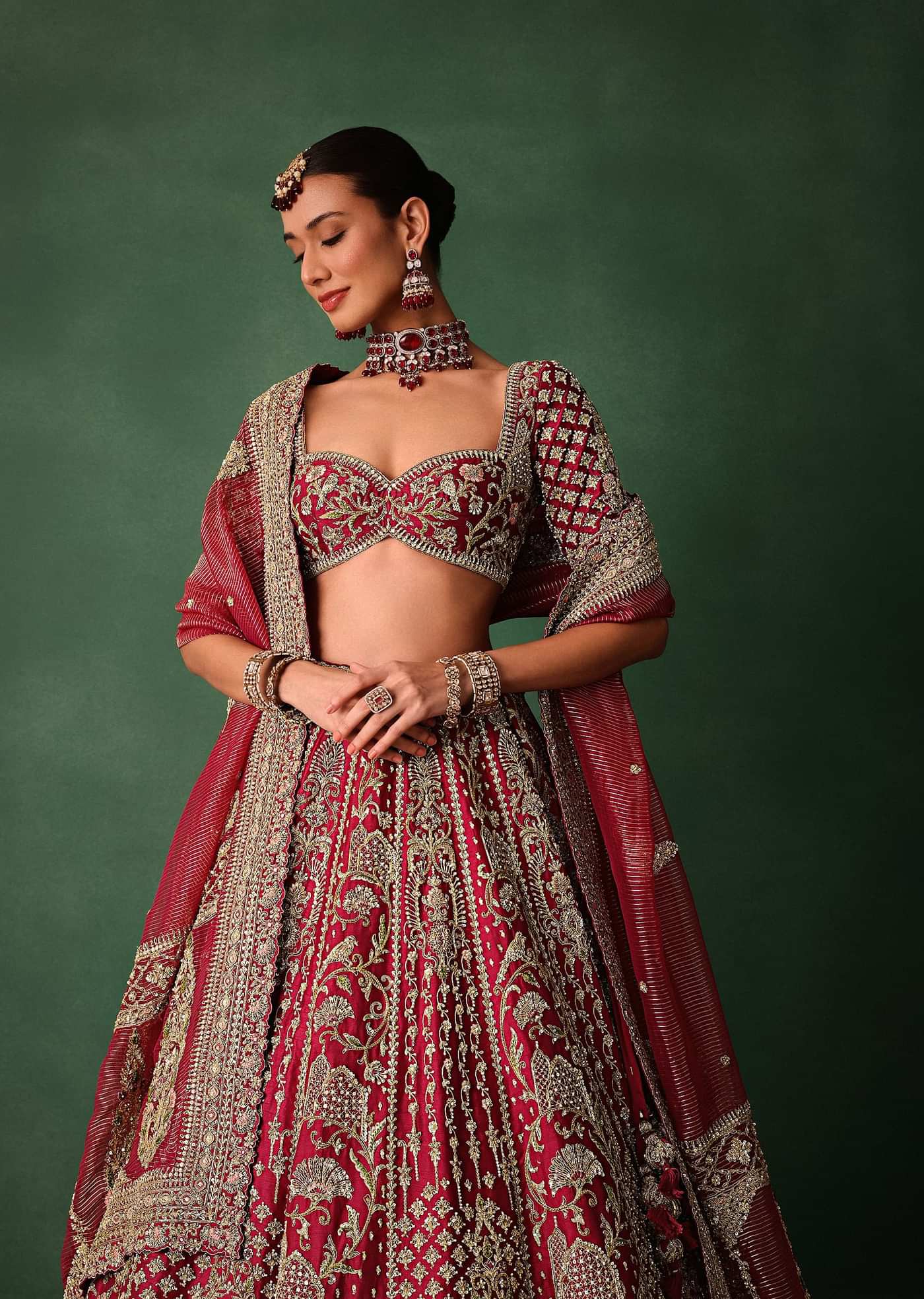 Maroon Raw Silk Hand Embroidered Lehenga Set With Tissue Dupatta