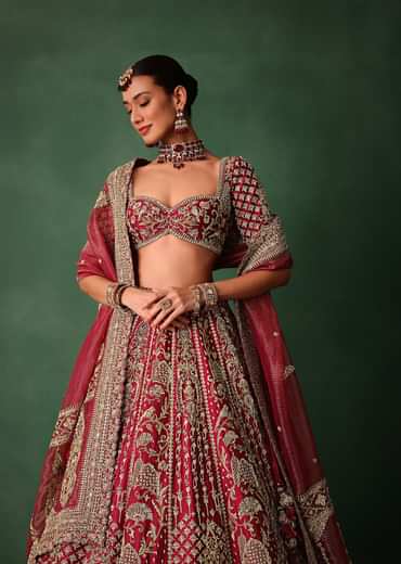 Maroon Raw Silk Hand Embroidered Lehenga Set With Tissue Dupatta