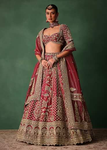 Maroon Raw Silk Hand Embroidered Lehenga Set With Tissue Dupatta