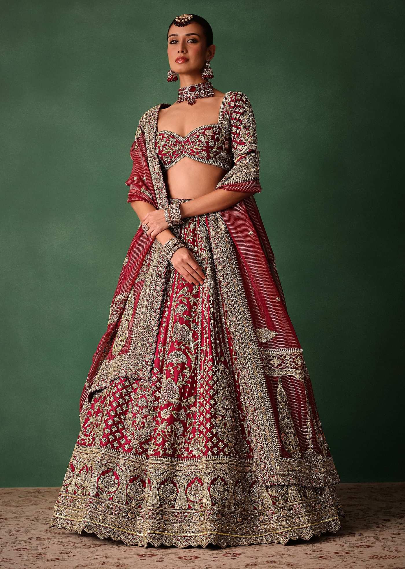 Maroon Raw Silk Hand Embroidered Lehenga Set With Tissue Dupatta