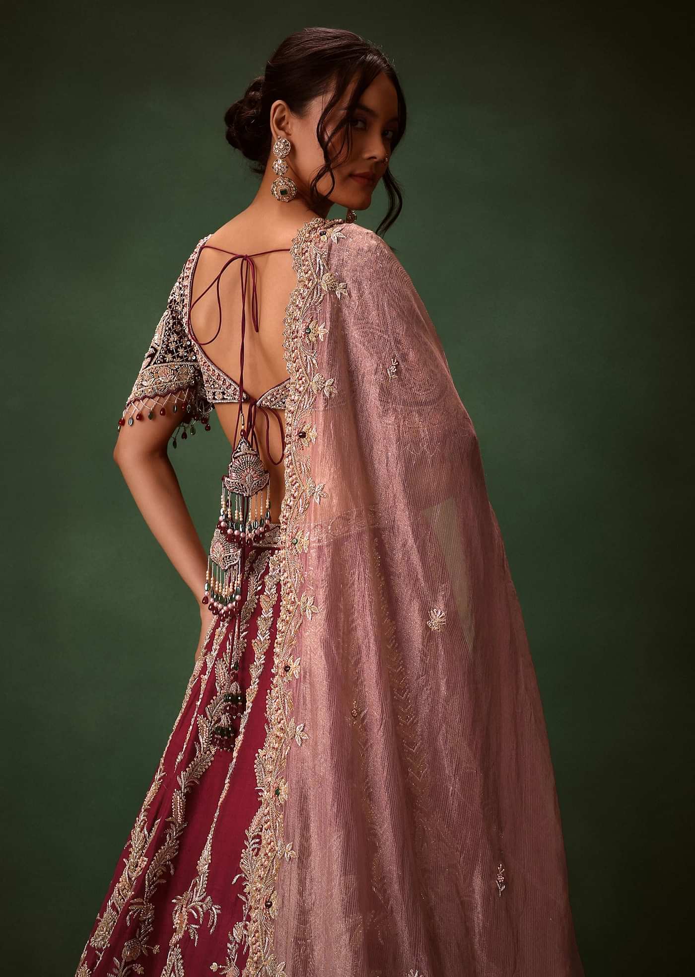 Maroon Raw Silk Lotus Embroidered Kali Lehenga Dupatta Set