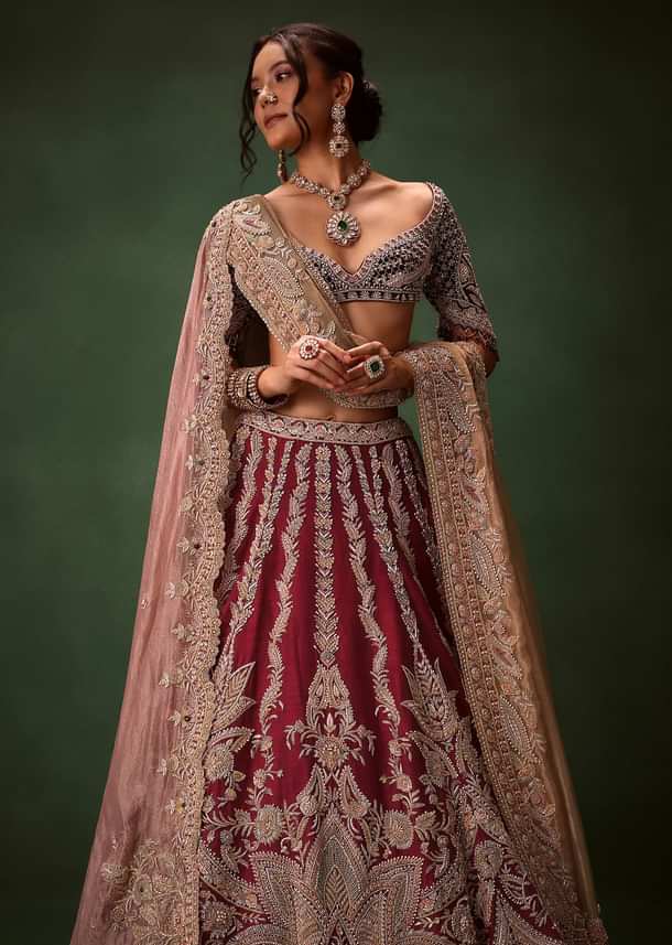 Maroon Raw Silk Lotus Embroidered Kali Lehenga Dupatta Set