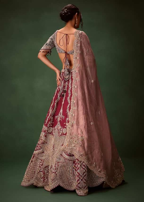 Maroon Raw Silk Lotus Embroidered Kali Lehenga Dupatta Set