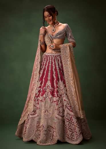 Maroon Raw Silk Lotus Embroidered Kali Lehenga Dupatta Set