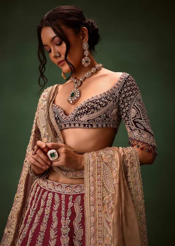 Maroon Raw Silk Lotus Embroidered Kali Lehenga Dupatta Set