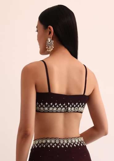 Maroon Red Satin Saree With Mirror Embroidery And Unstitched Blouse