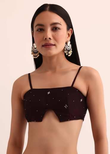 Maroon Red Satin Saree With Mirror Embroidery And Unstitched Blouse