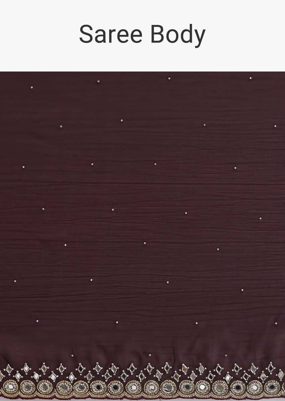 Maroon Red Satin Saree With Mirror Embroidery And Unstitched Blouse
