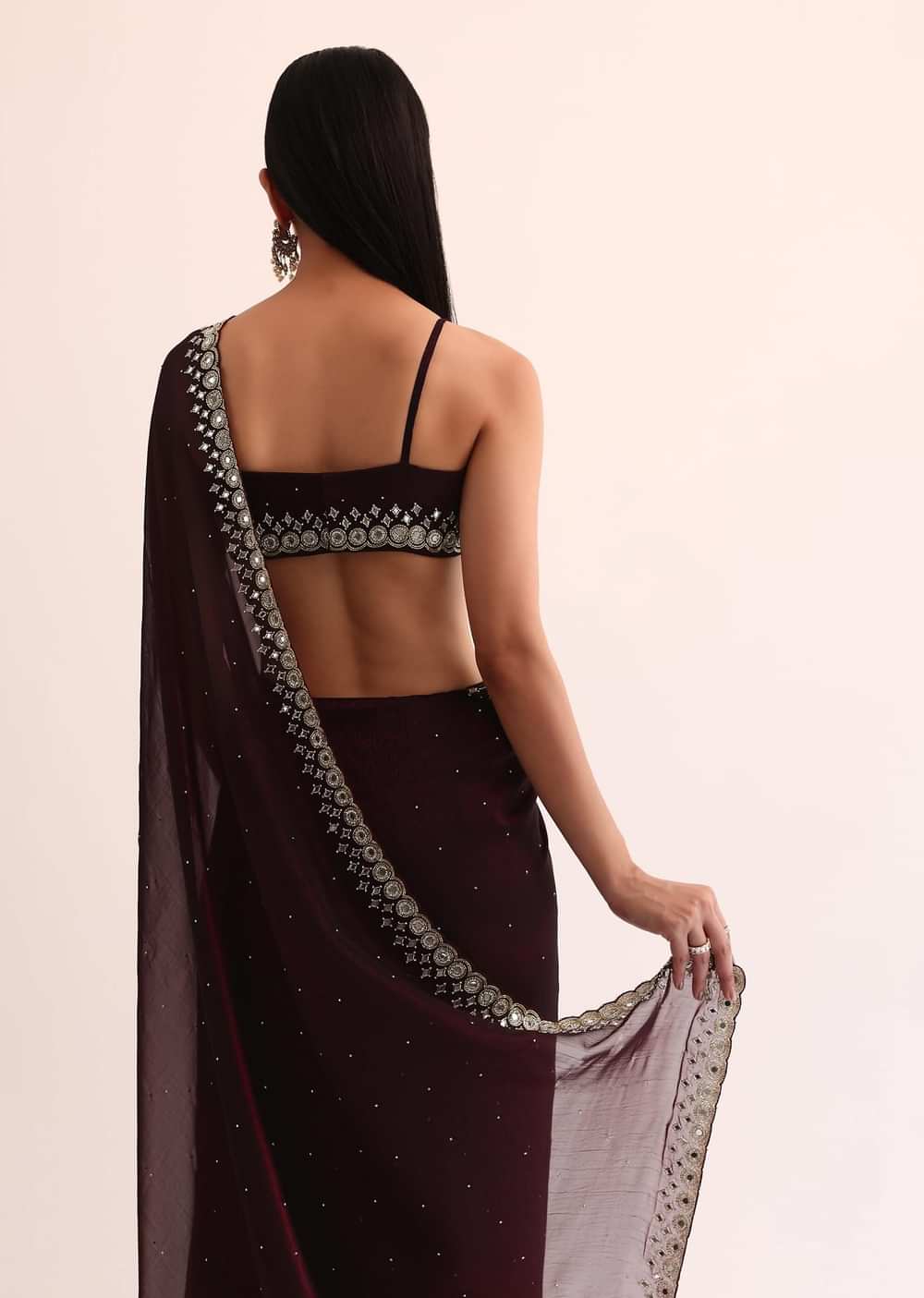 Maroon Red Satin Saree With Mirror Embroidery And Unstitched Blouse