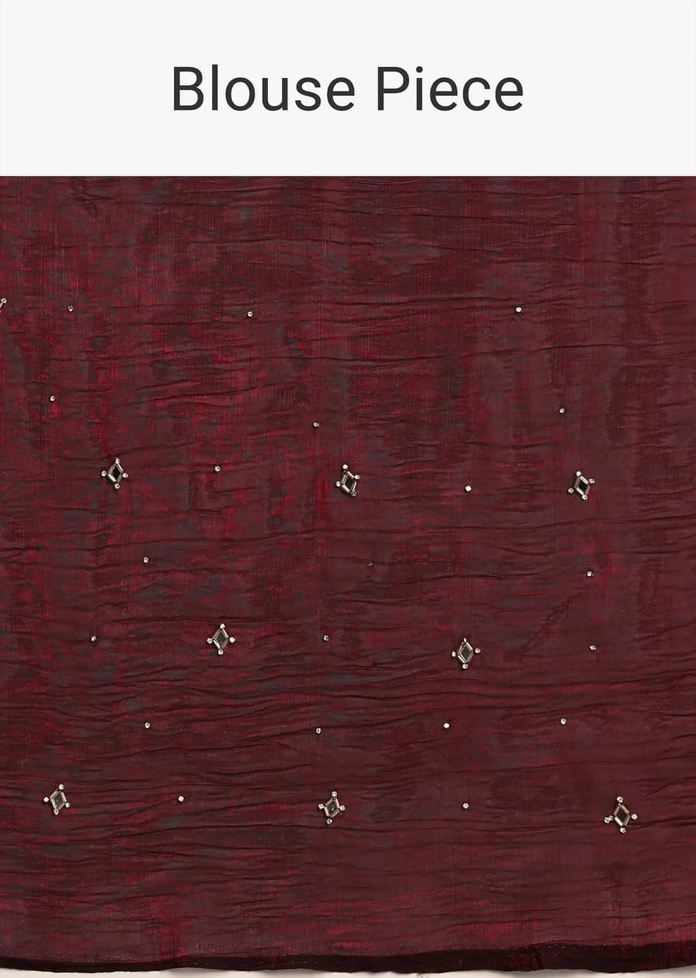 Maroon Red Satin Saree With Mirror Embroidery And Unstitched Blouse