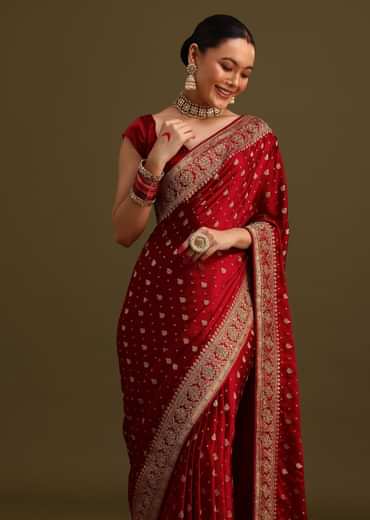 Maroon Satin Zardosi And Cutdana Embroidered Saree