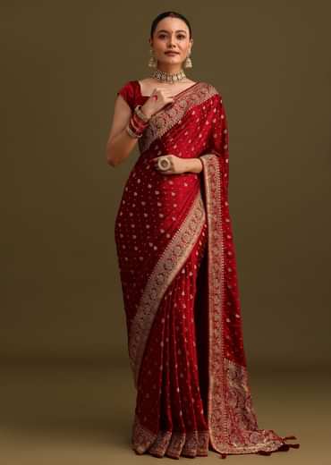 Maroon Satin Zardosi And Cutdana Embroidered Saree